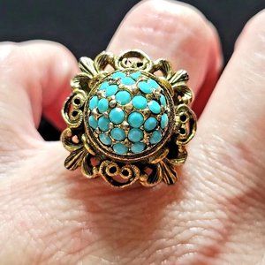 Vintage Filigree Gold Tone Ring, Faux Turquoise Adjustable Ring
